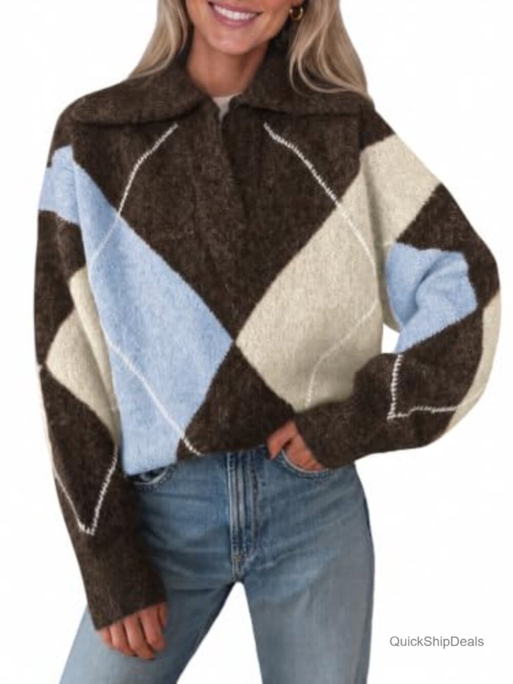 Collared V Neck Argyle Knit Pullover Sweater Long Sleeve Acrylic Blend